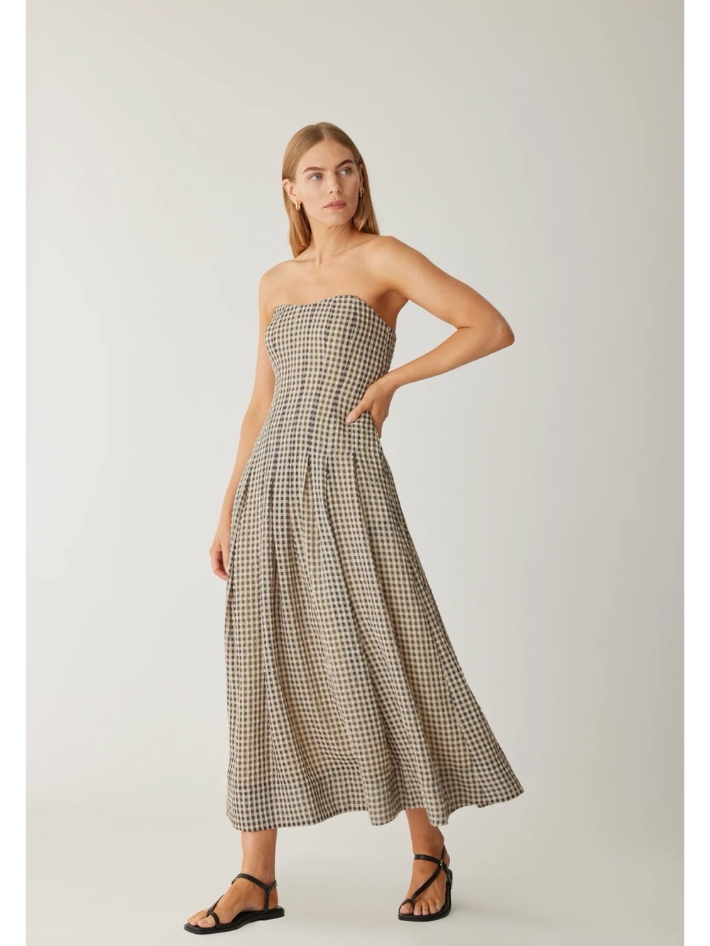 Rebecca Taylor Strapless Gingham Midi Dress in Beige and Black
